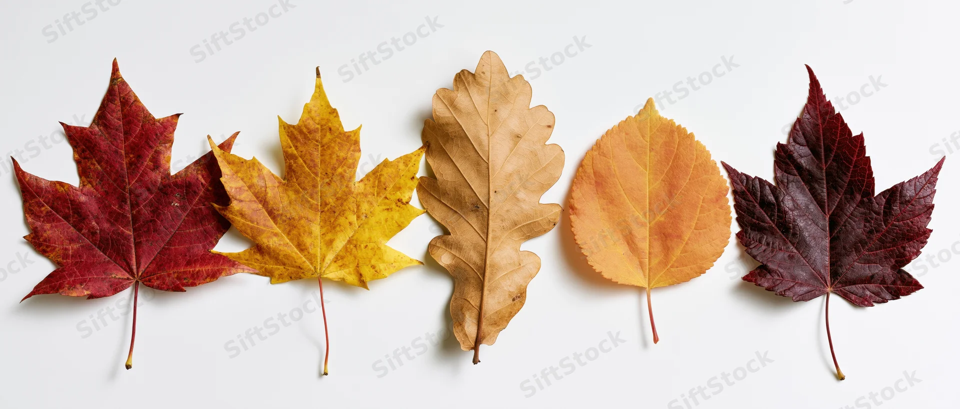 Five autumn leaves arranged in a horizontal row on a white background
