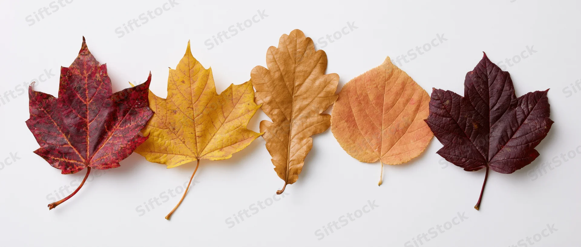 Five autumn leaves arranged in a horizontal row on a white background