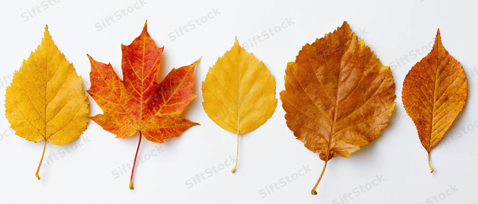 Five autumn leaves of different species arranged in a horizontal row on white background