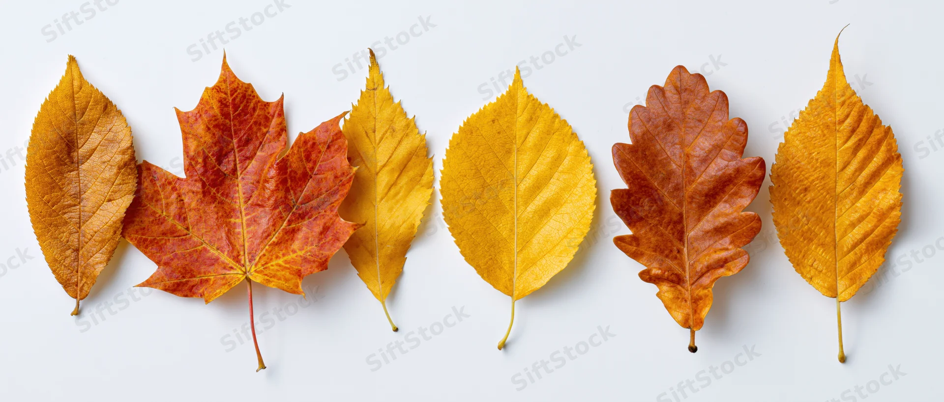 Five autumn leaves of different species arranged horizontally on white background