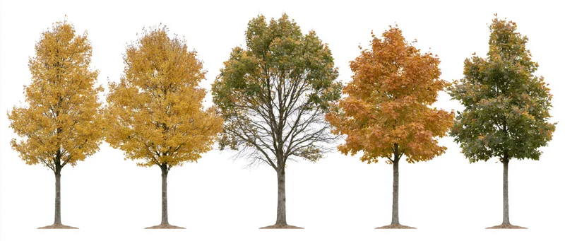 Five deciduous trees in autumn foliage arranged side by side on white background