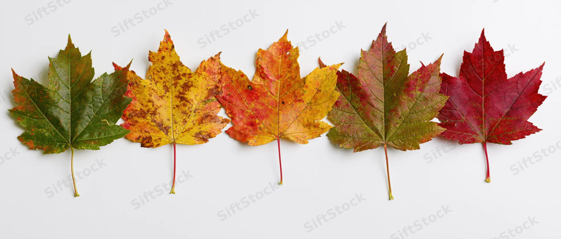 Five maple leaves arranged in a horizontal row on a white background showing color transition from green to red