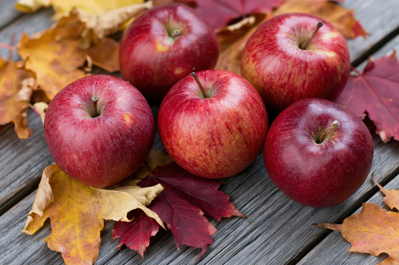 Five red apples arranged on a weathered wooden surface with autumn leaves