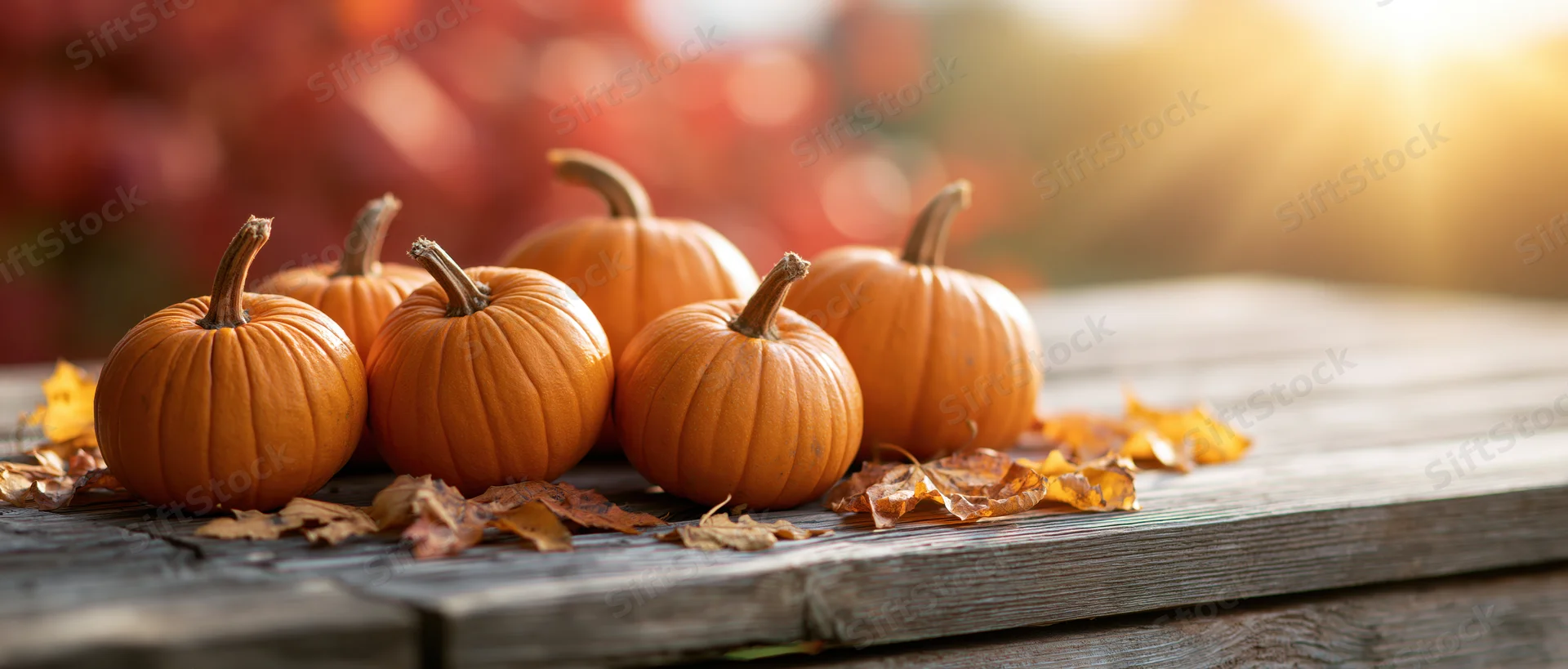 Small orange pumpkins arranged on a weathered wooden table with scattered autumn leaves and warm sunlight in the background