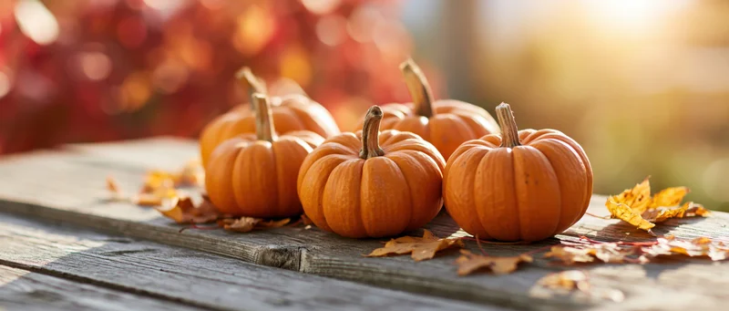 Small pumpkins arranged on a weathered wooden table with autumn leaves around