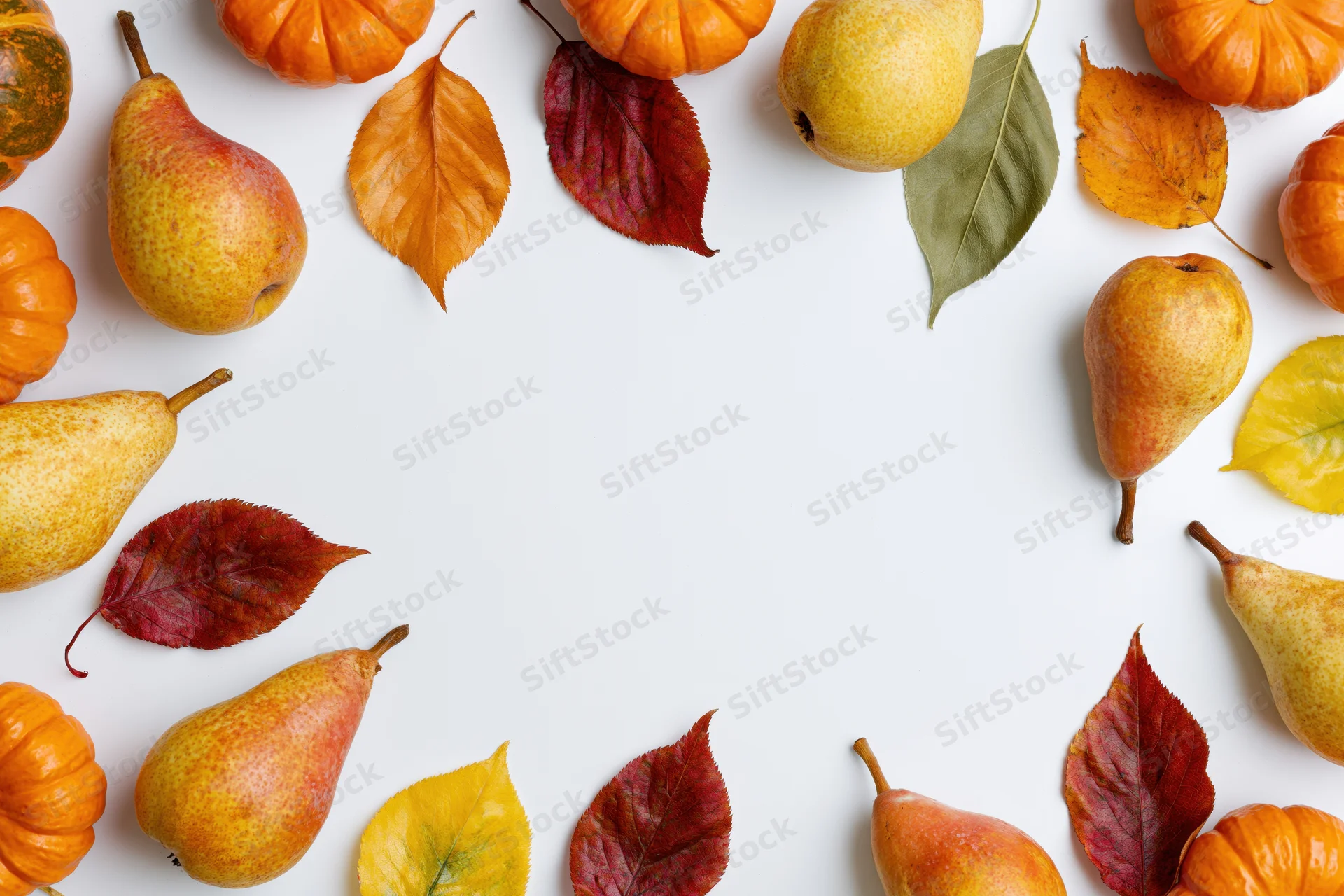 Autumn harvest items arranged in a flat lay on white background with copyspace