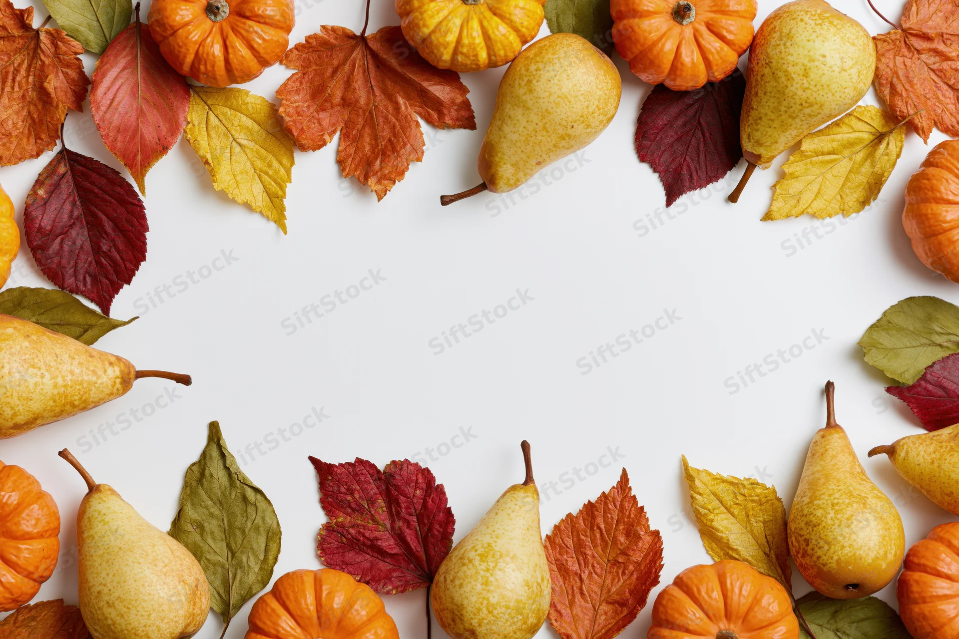 Autumn harvest items arranged in a border around white copyspace