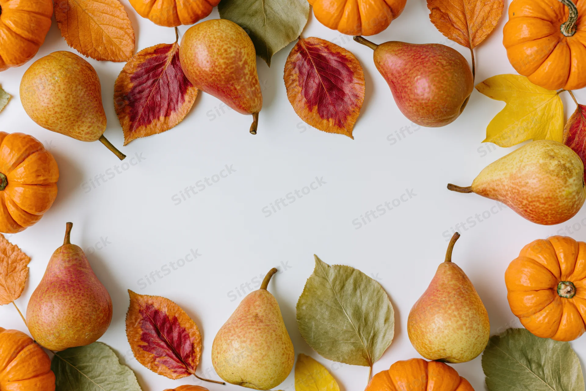 Autumn harvest items arranged in a border around white copyspace