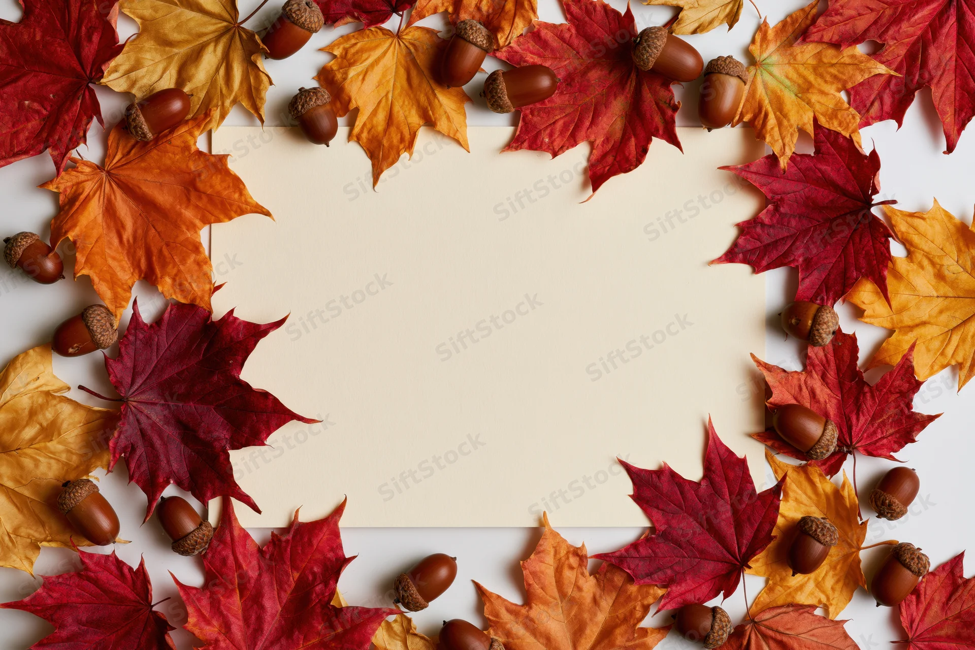 Autumn maple leaves and acorns arranged in a frame around a blank white space