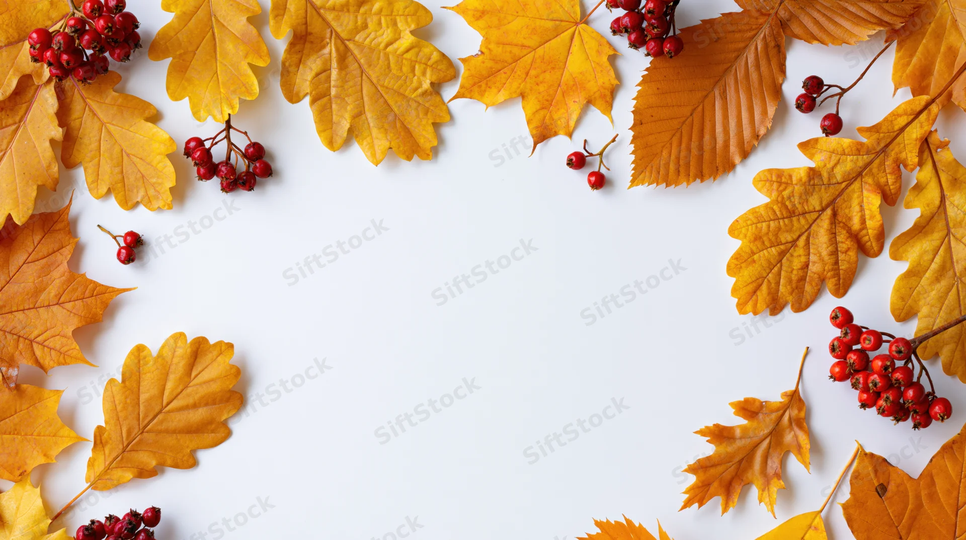 Golden autumn leaves and red berries arranged in a border around white copyspace