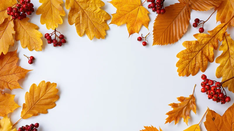 Golden autumn leaves and red berries arranged in a border around white copyspace