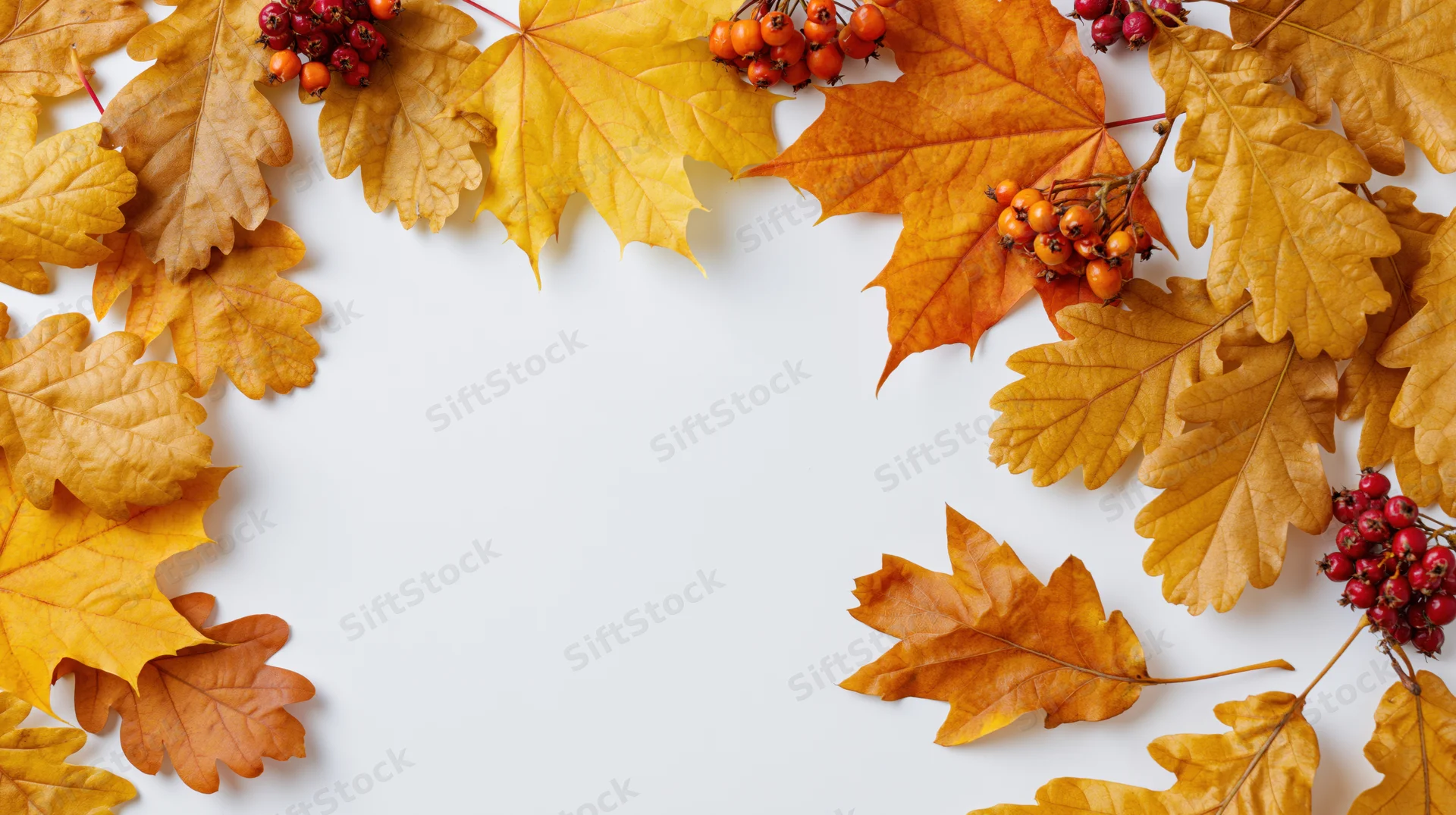 Autumn leaves and berries arranged in a border around white copyspace