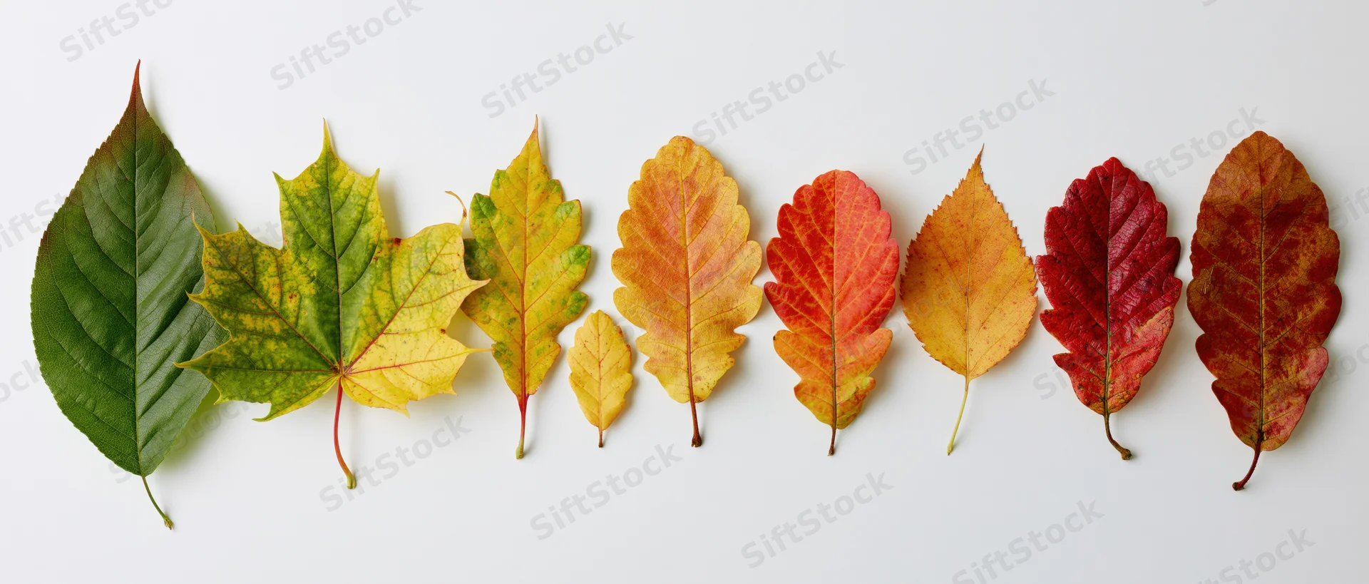 Autumn leaves arranged in a horizontal row on white background