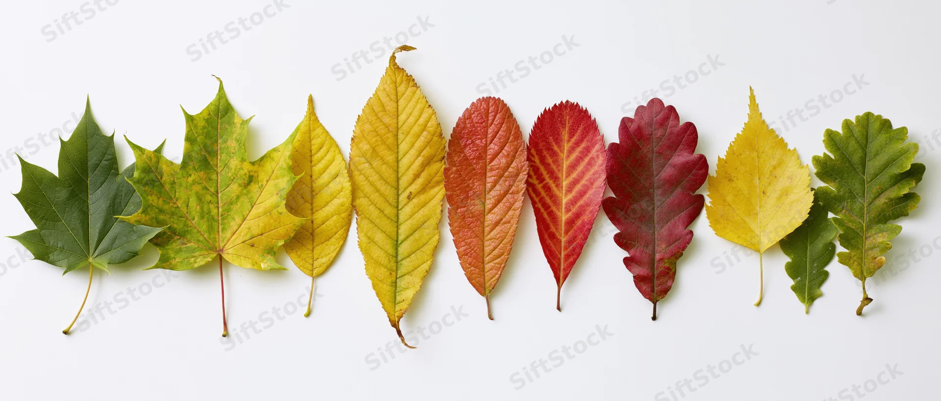 Autumn leaves arranged in a horizontal row on white background