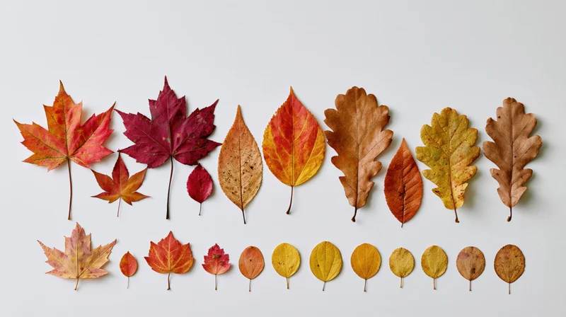 Pressed autumn leaves arranged in rows on a white surface
