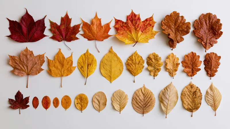 Pressed autumn leaves arranged in rows on white background