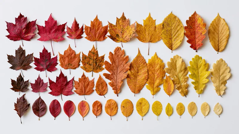 Pressed autumn leaves arranged in rows on white background