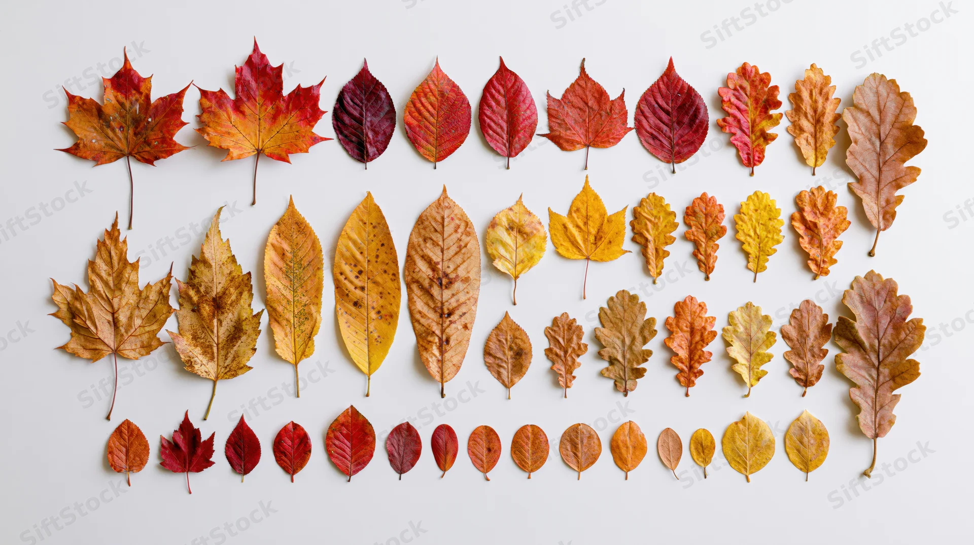 Pressed autumn leaves arranged in rows on white background