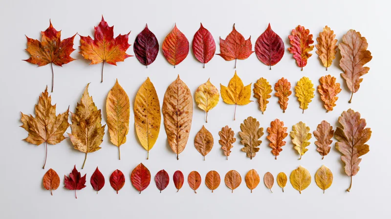 Pressed autumn leaves arranged in rows on white background