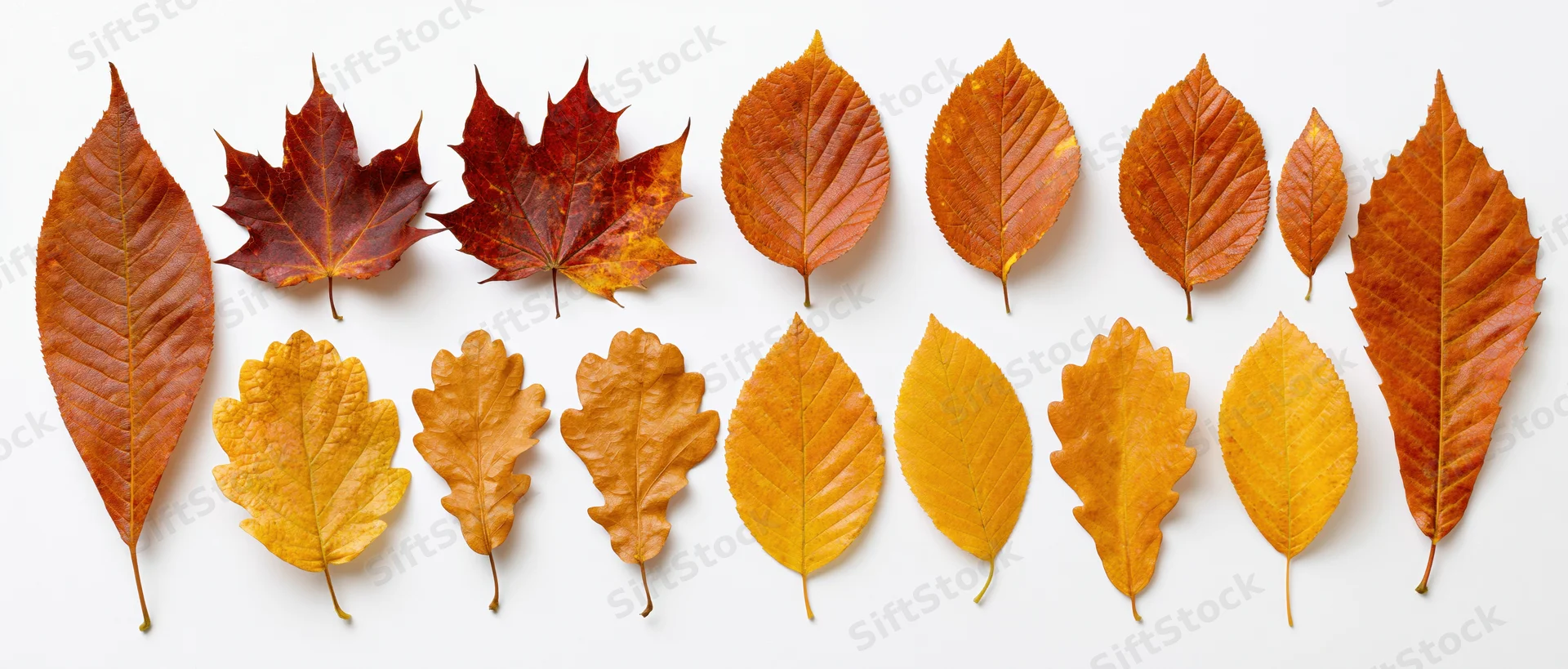 Thirteen autumn leaves arranged in two rows on white background