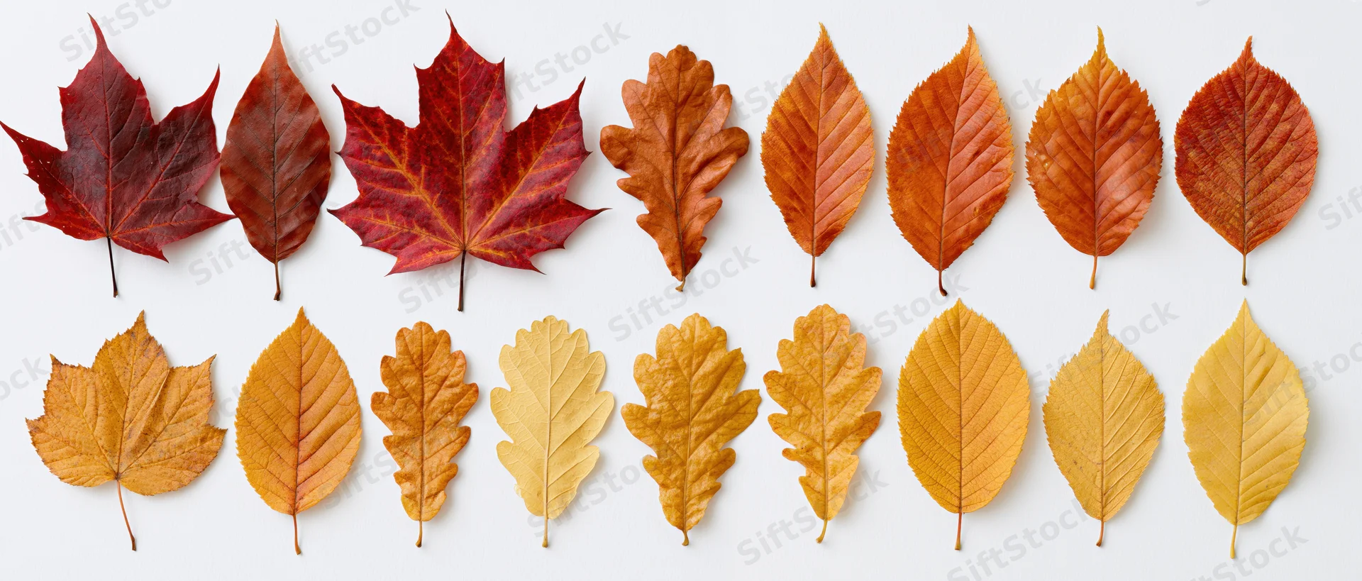 Two rows of autumn leaves arranged in color gradient on white surface