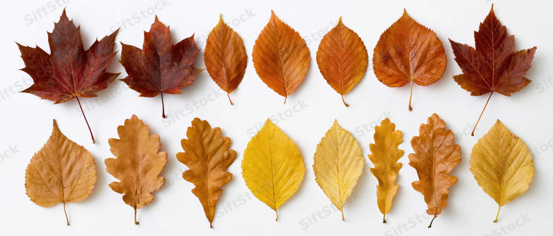 Thirteen autumn leaves arranged in two rows on white background