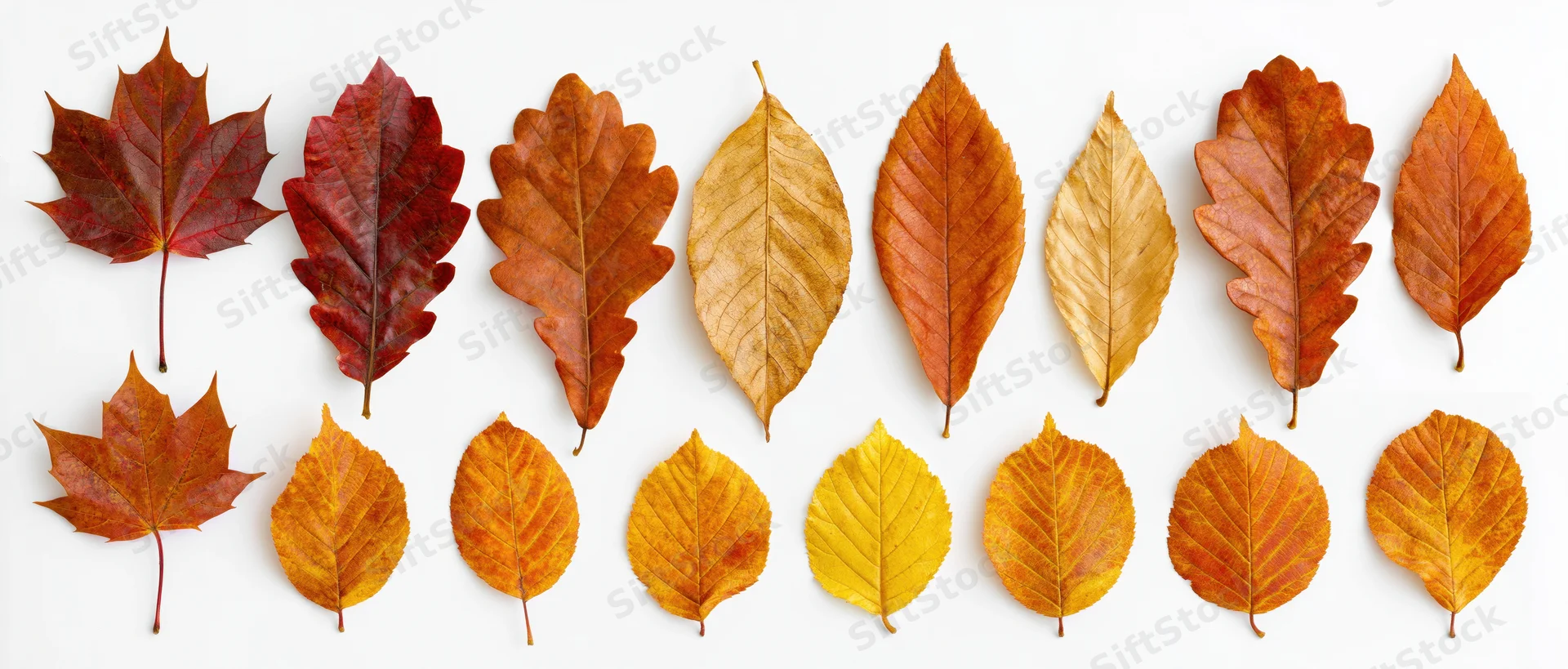 Two rows of autumn leaves arranged in a flat lay on a white background