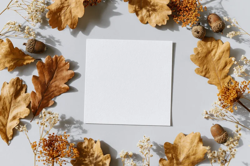 Blank white card centered on light gray surface surrounded by dried autumn leaves and acorns