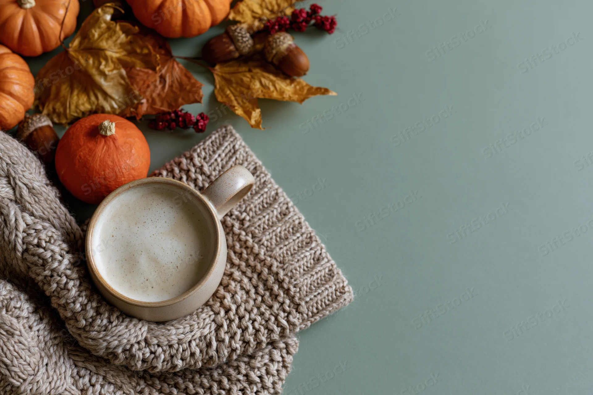 Ceramic mug of latte with foam on knitted sweater and autumn decorations on flat surface