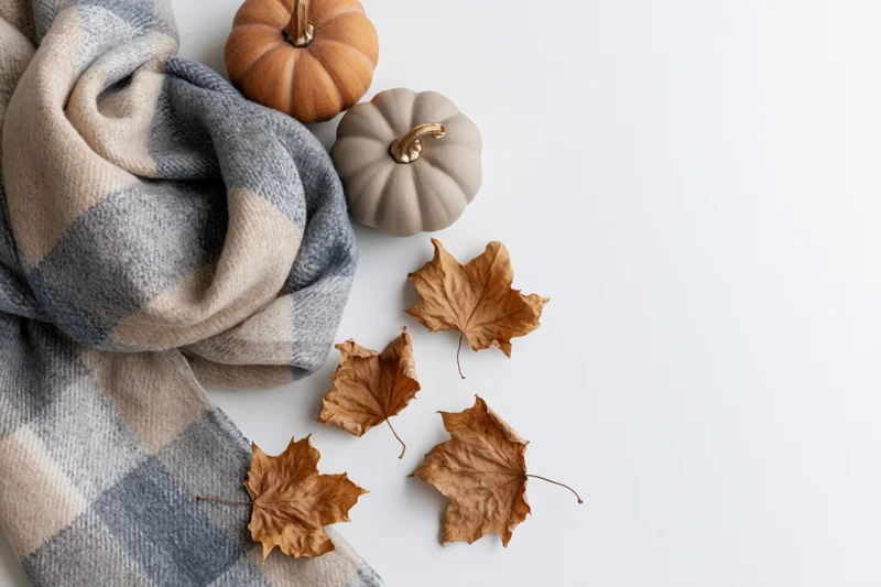 Plaid wool scarf folded with pumpkins and dried maple leaves on white surface
