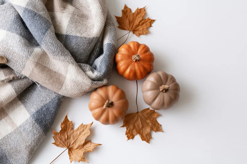 Folded plaid wool scarf with pumpkins and maple leaves arranged on white surface