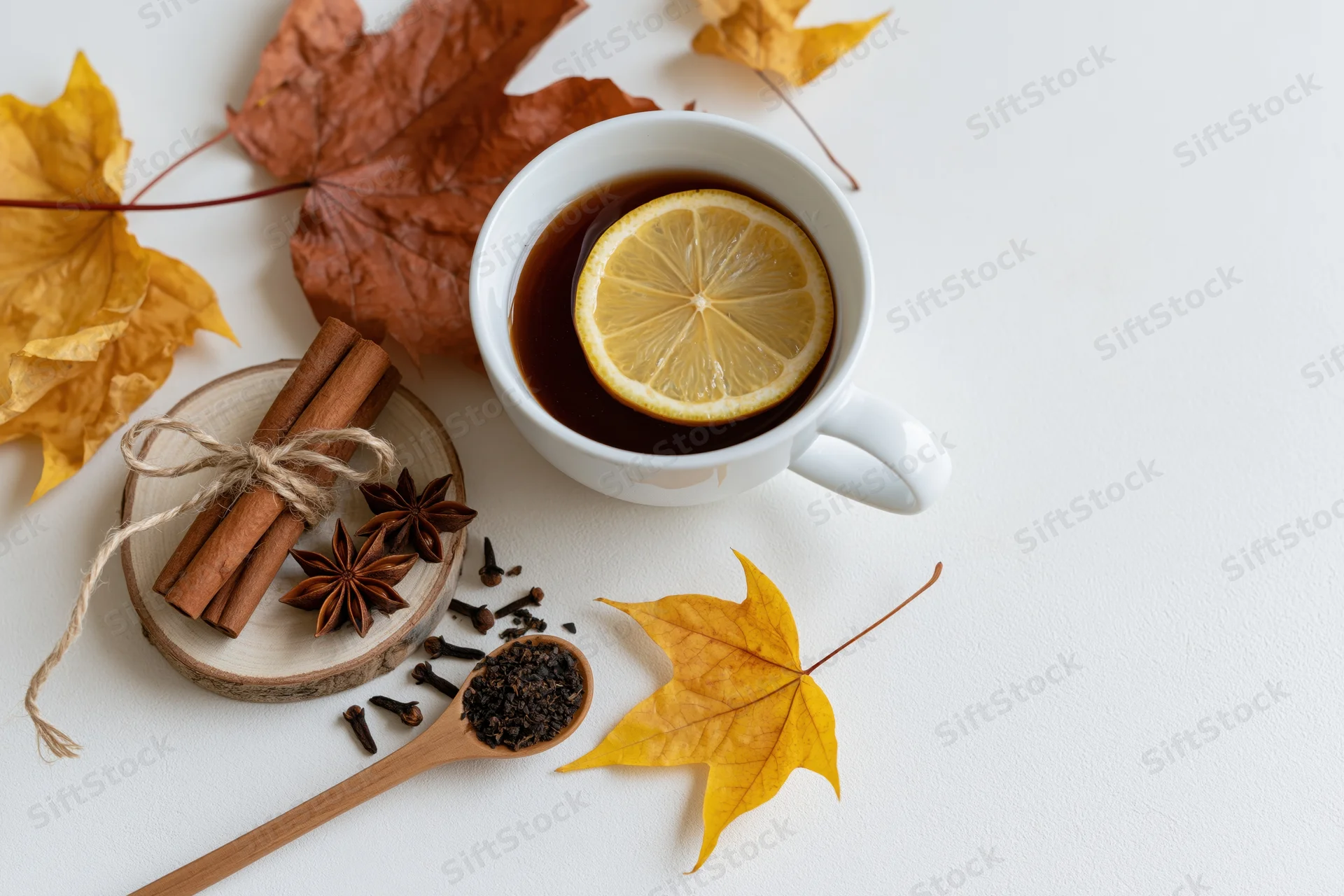White ceramic mug with tea and lemon slice surrounded by autumn leaves and spices on a white surface
