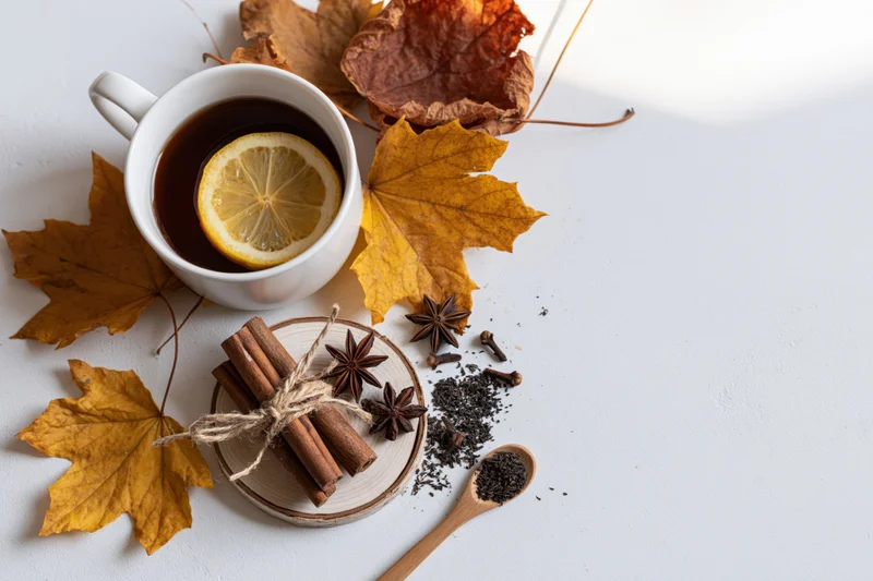 Flat lay of a white ceramic mug with dark tea and lemon slice surrounded by autumn leaves and spices on a light surface