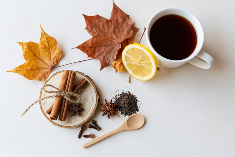 Flat lay of a white ceramic mug filled with dark tea and autumn leaves, cinnamon sticks, lemon slice, star anise, cloves, and tea leaves on a white surface