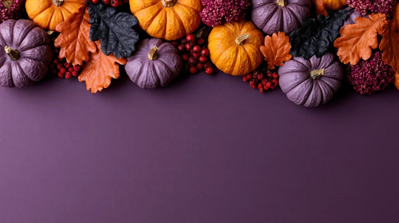 Autumn halloween decorations arranged along the top of a purple surface with copyspace below