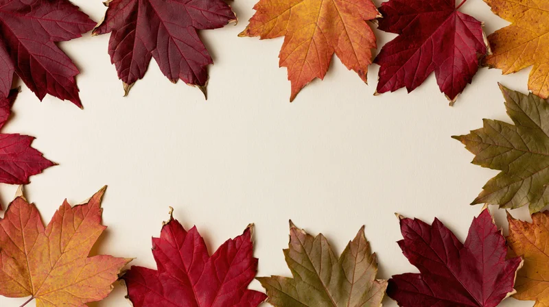 Autumn maple leaves arranged in a loose border on a cream surface with copyspace in center