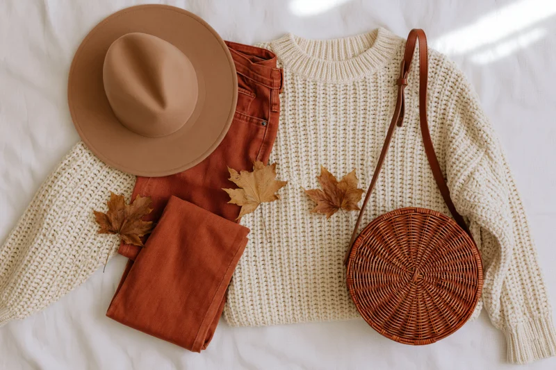 Autumn women's fashion flat lay with sweater, hat, jeans, wicker bag and maple leaves on white bed linen