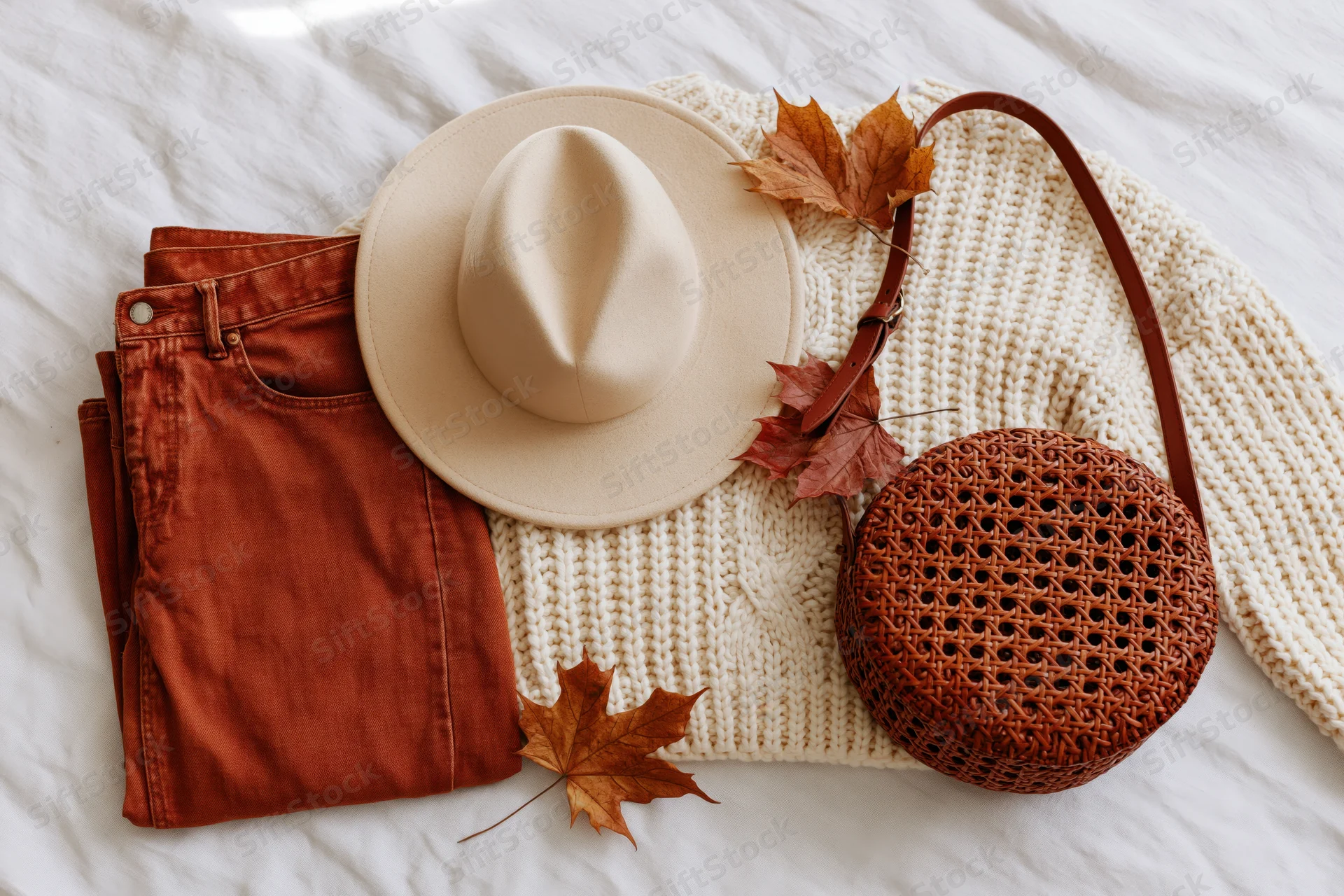 Autumn women's fashion accessories arranged on white bedding with fallen leaves