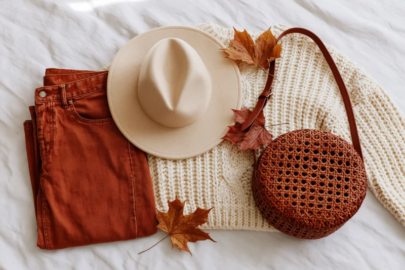 Autumn women's fashion accessories arranged on white bedding with fallen leaves