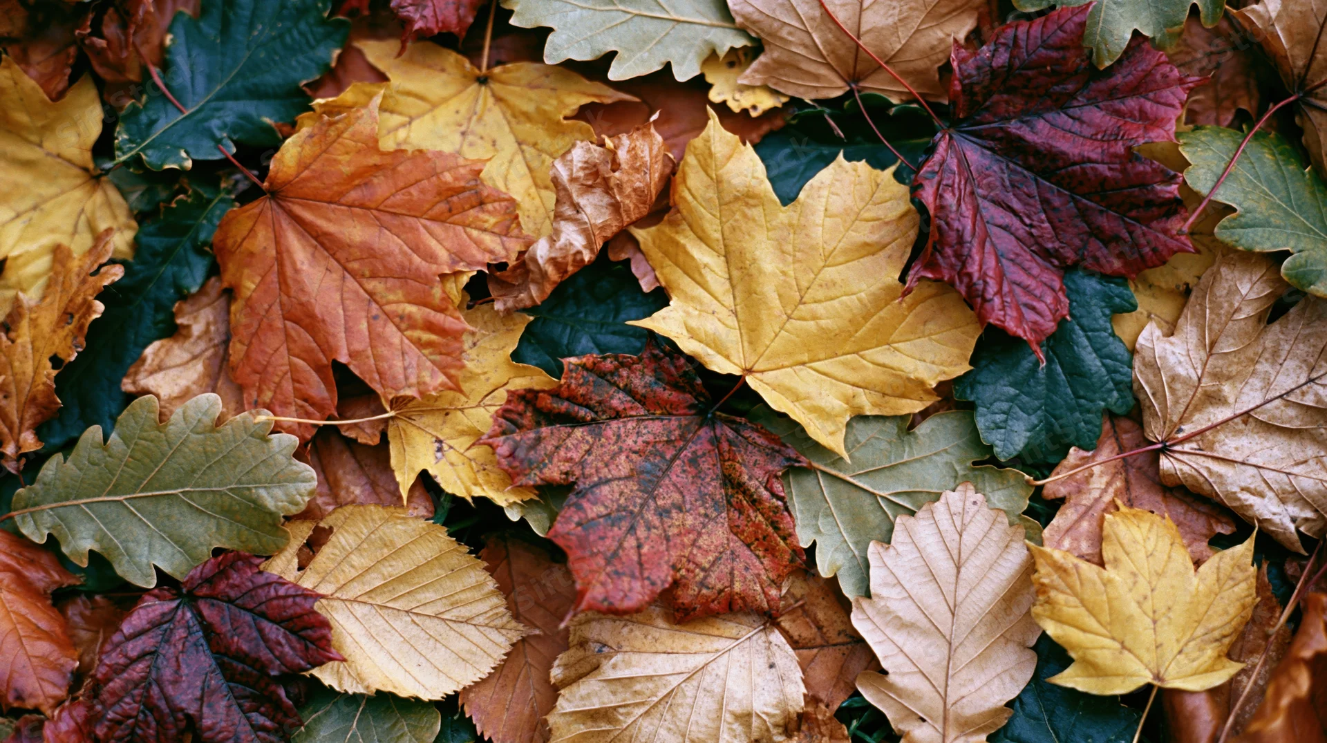 Mixed autumn leaves scattered across the ground in a dense flat lay arrangement