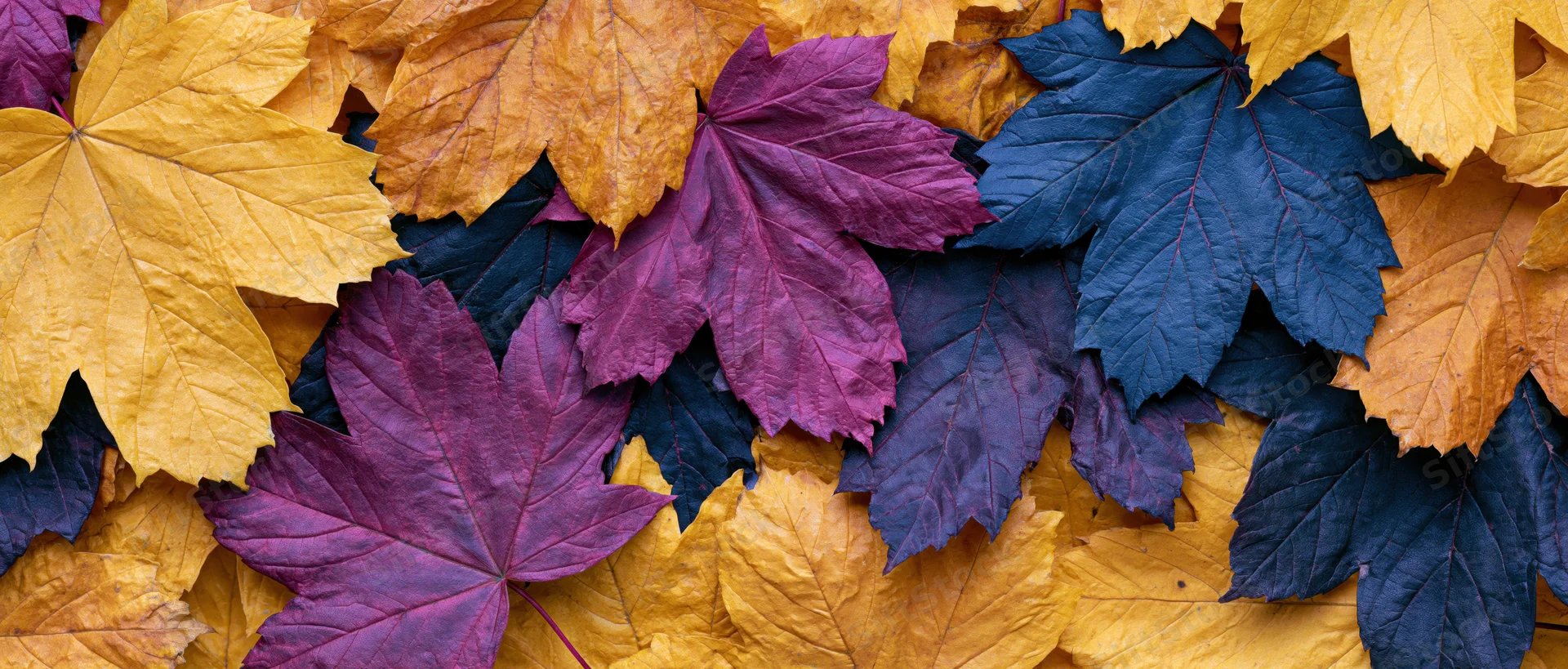 Overlapping maple leaves in autumn colors arranged in a flat lay pattern