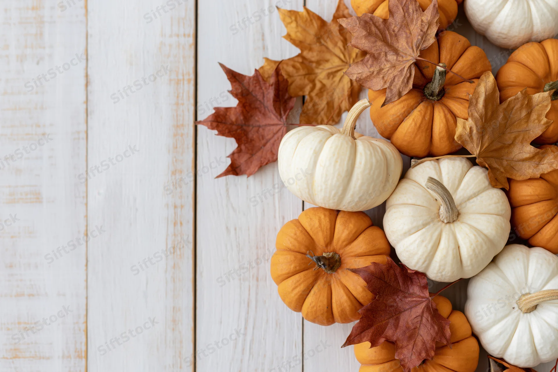 Small orange and white pumpkins with dried maple leaves arranged on a white wooden surface