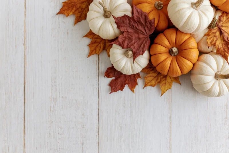 Small orange and white pumpkins with autumn leaves arranged on a white wooden surface
