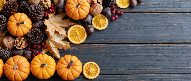 Small orange pumpkins and autumn foliage arranged along the bottom of a dark wooden table