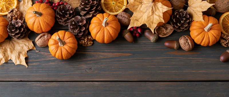 Small orange pumpkins arranged with pinecones, acorns, dried oranges and autumn leaves on dark wooden table, flat lay view with copyspace