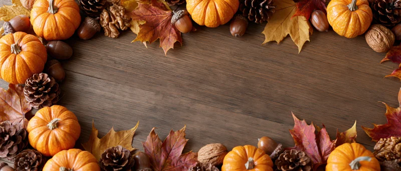 Small orange pumpkins and dried maple leaves arranged in a border on a wooden surface with copyspace in the center