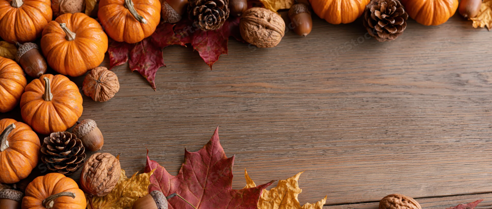 Small orange pumpkins and dried maple leaves arranged along wooden table edges with copyspace in center