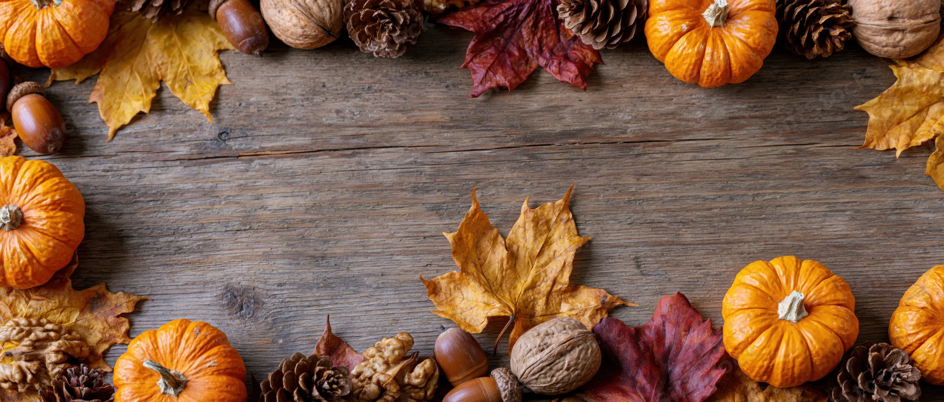 Small orange pumpkins and dried maple leaves arranged in a border on a rustic wooden table