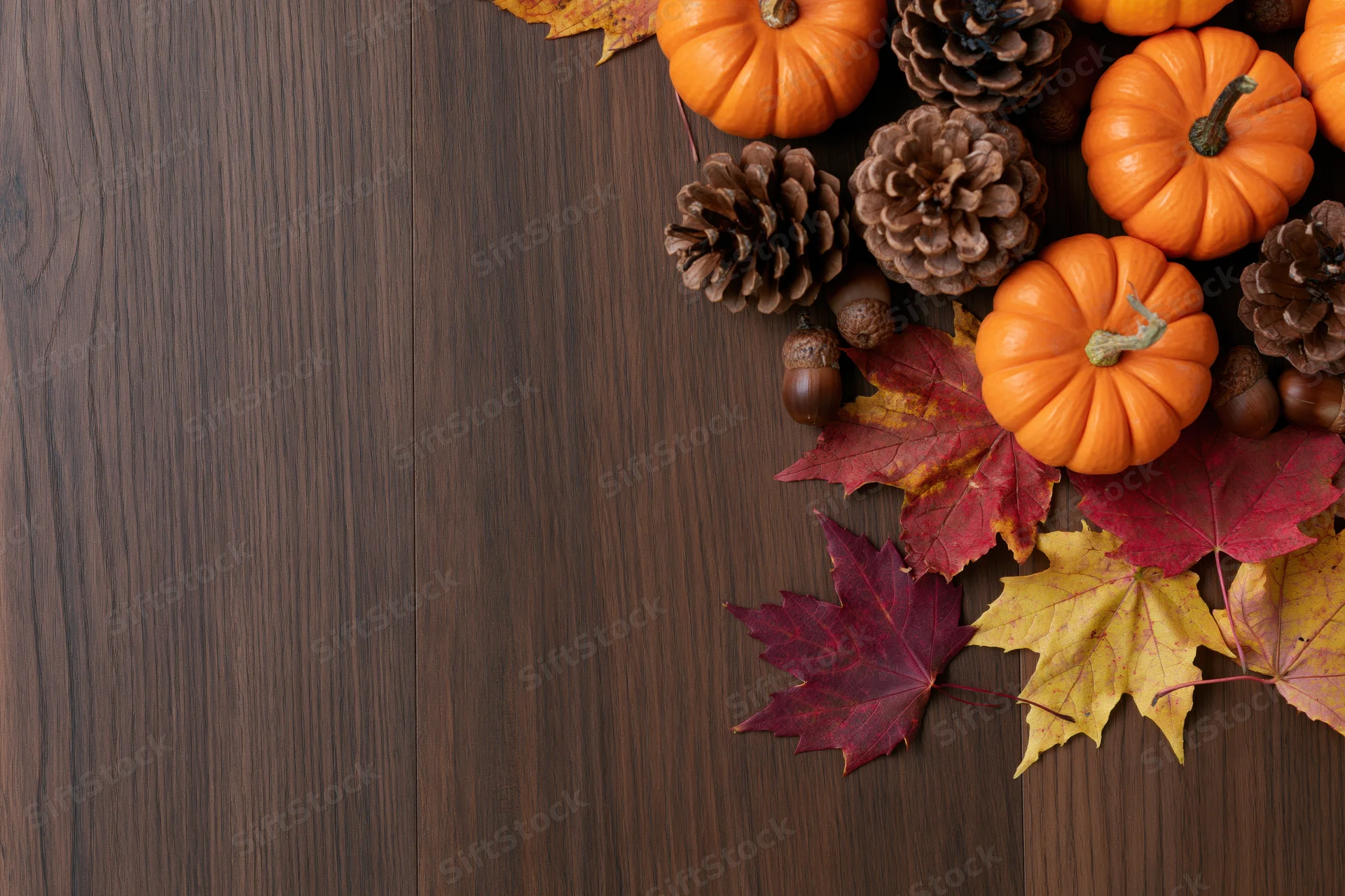 Small orange pumpkins, pinecones, acorns and maple leaves arranged in corner on dark wood surface