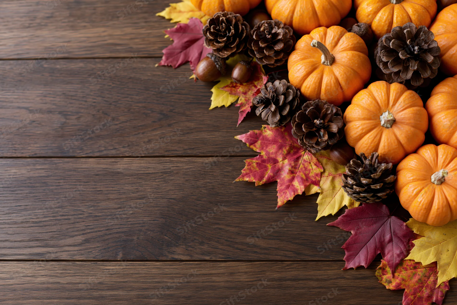 Small orange pumpkins, pinecones, acorns and autumn leaves arranged in corner on dark wooden table